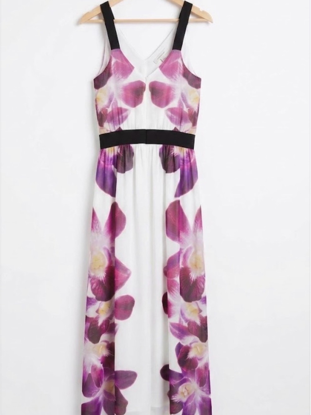 Express White Maxi Dress with Purple Floral Print and Black Accents
